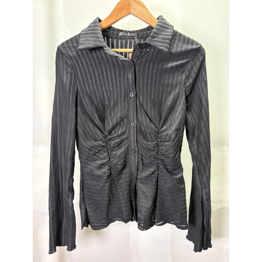 SHEIN MOD Black Textured Ruched Button Up Shirt Long Sleeve sz L